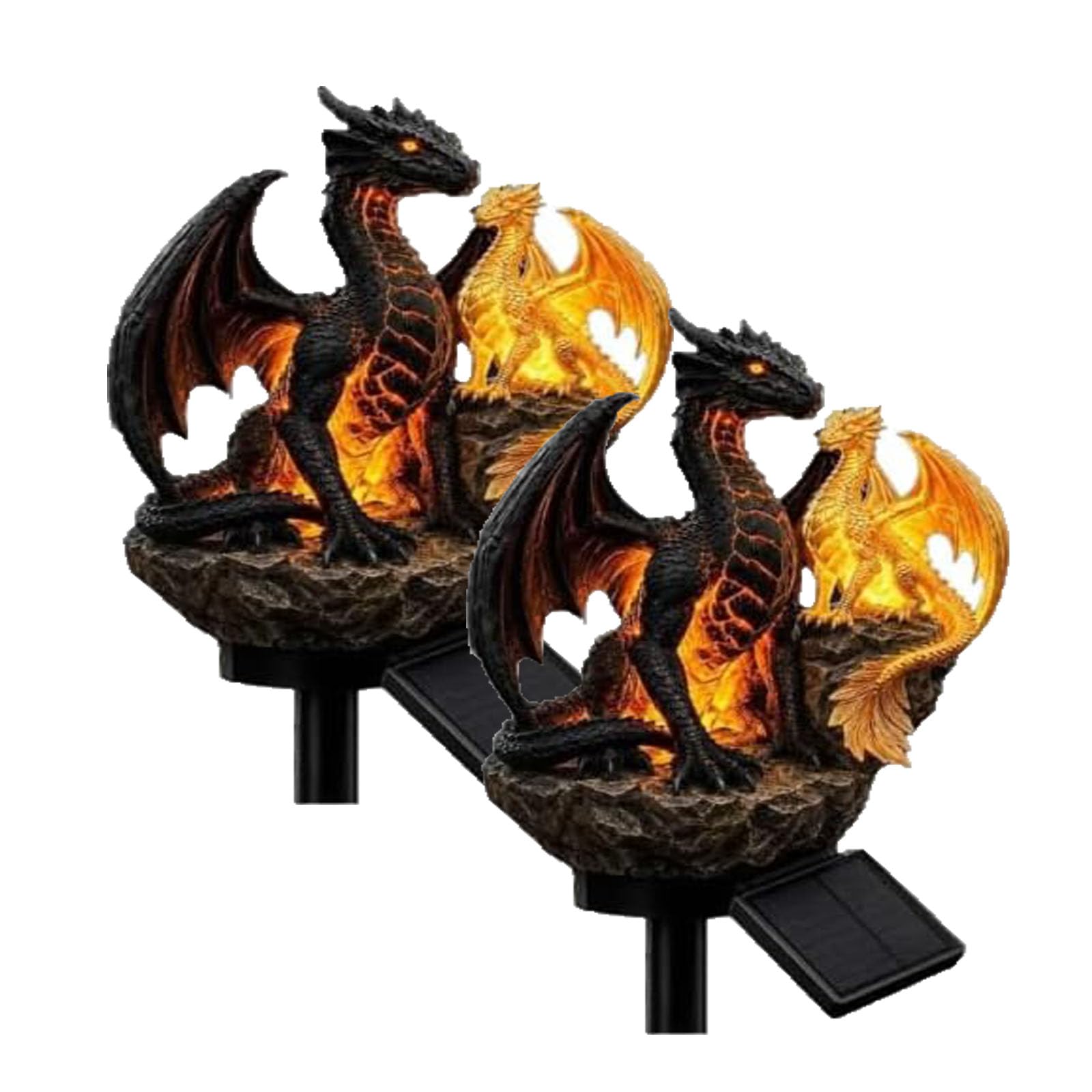 Yacriso Dragon Golden Ember Edition Solar Garden Light, Gothic Medieval Fantasy Decor, Dragons Garden Yard Statue Figurine Lamp, Waterproof for Halloween Patio, Porch, Dragon Lovers (2pcs)
