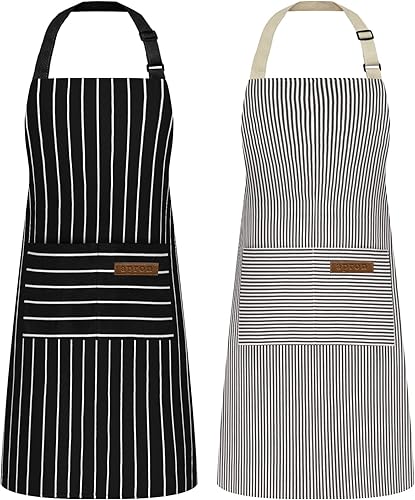 Riqiaqia Paquete de 2 delantales para mujer con bolsillos delantal de chef suave para hombre delantales ajustables para cocina cocina barbacoa rayas