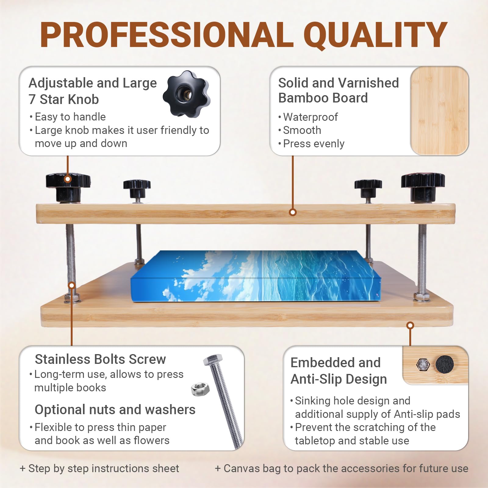 Produktbild von Buchpresse, Bambus, 38,1 X 29 Cm, Holz Buchbinder Papierpress Set Mit 7 Sternen, Rutschfestes Design, Inklusive Anleitung (evtl. Nicht In Deutscher Sprache) Und Leinentasche (groß – 29 X 38,1 Cm