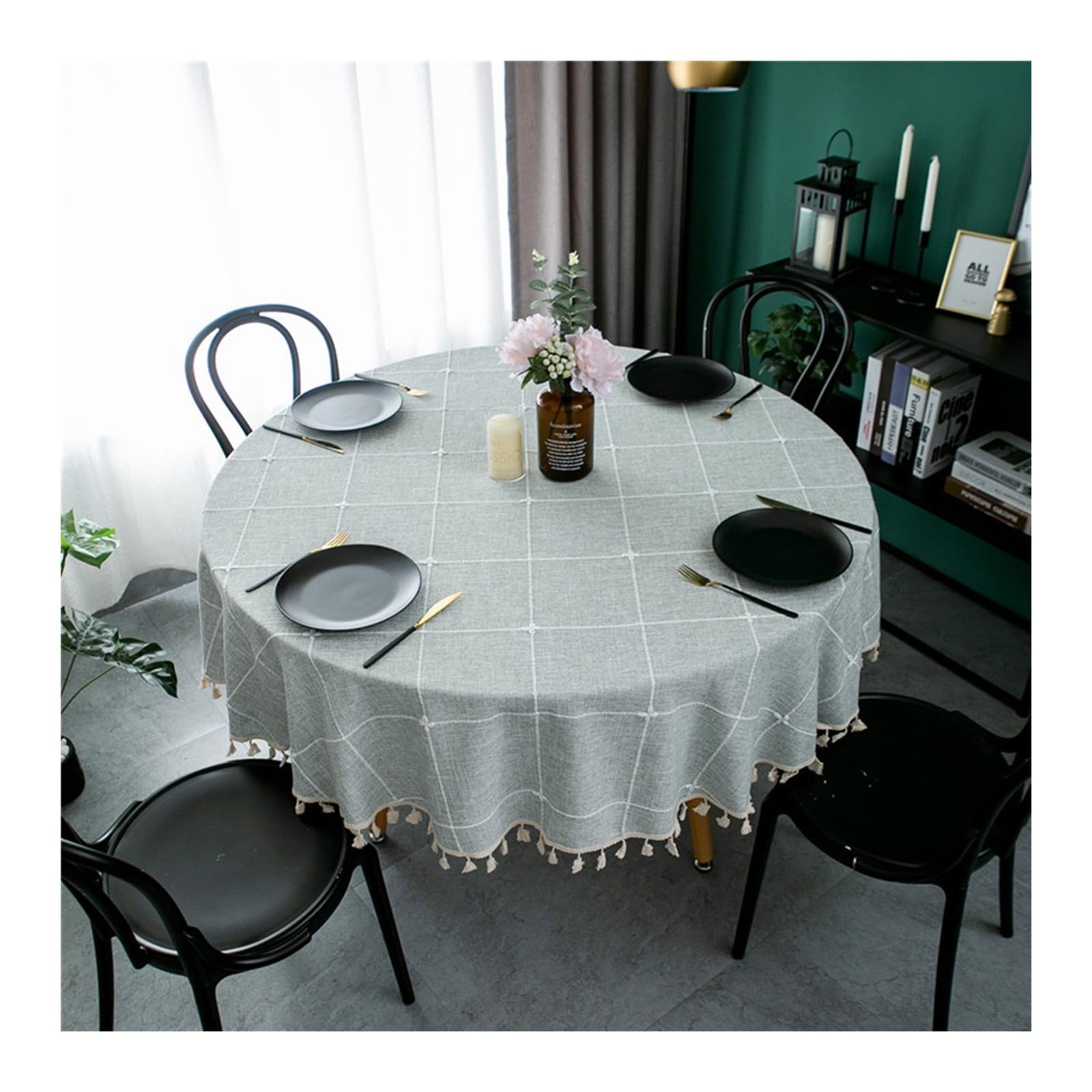 KnSam Mantel redondo de rejilla jacquard con borla, mantel de poliéster y algodón, mantel de terraza, antimanchas, para interior, exterior, jardín, comedor, 260 cm, azul y gris