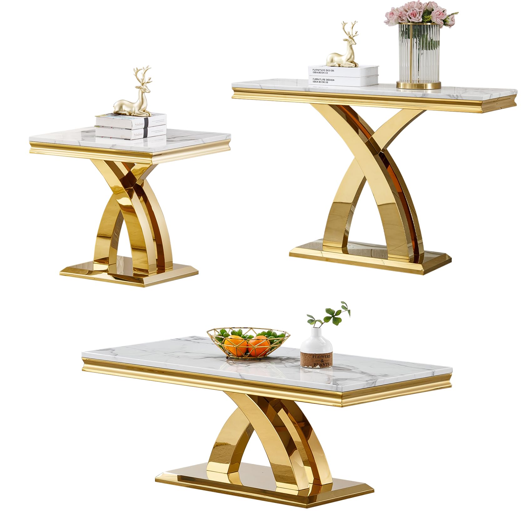 Maotifeys 3 Piece Living Room Table Set Include 1 Faux Marble Coffee Table & 1 End Table & 1 Console Table, Modern White Gold Coffee Table Set of 3