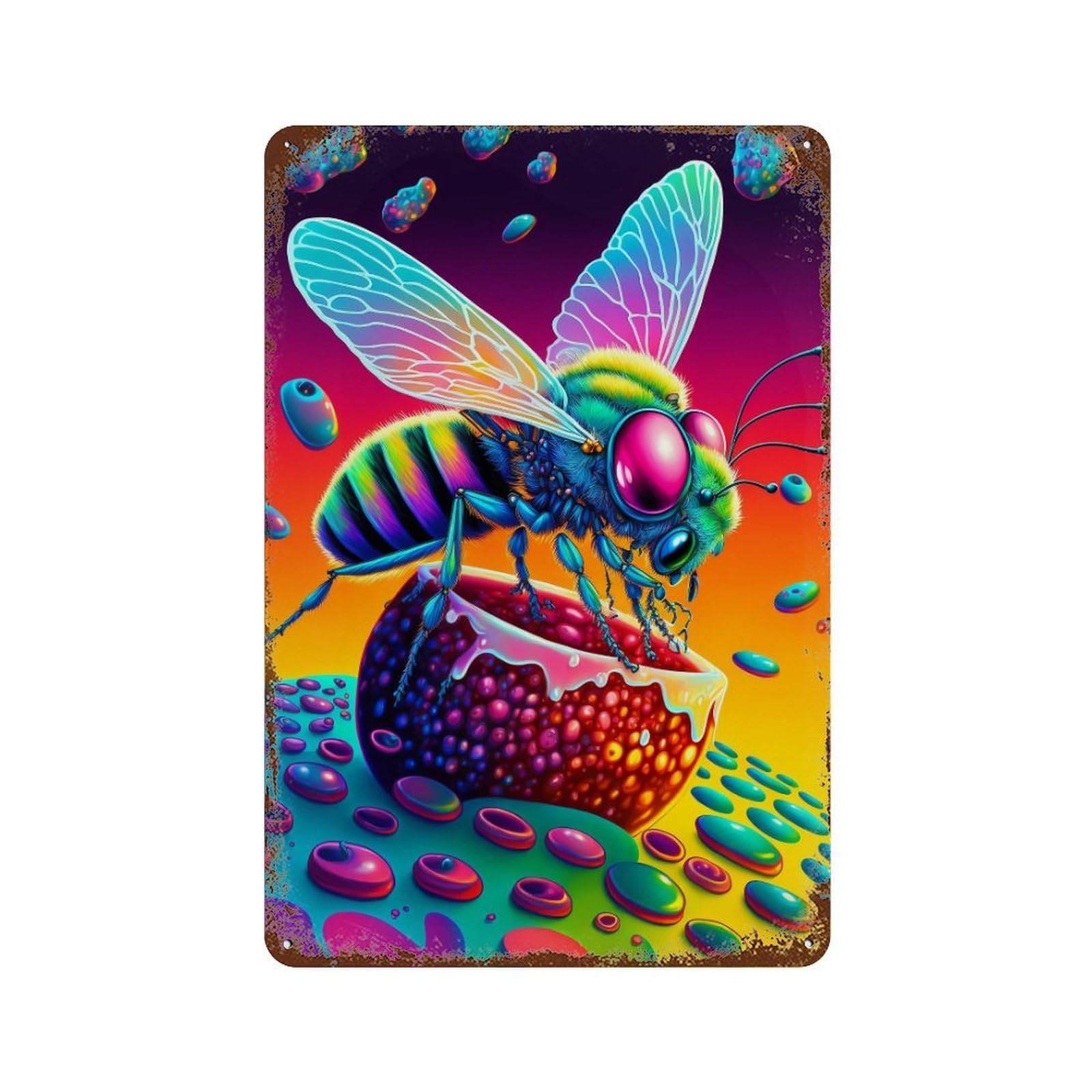 Bee Art Print Weathered Tin Sign 11.8"x7.9", Rustic Home Decor for Garage, Pub Or Kitchen