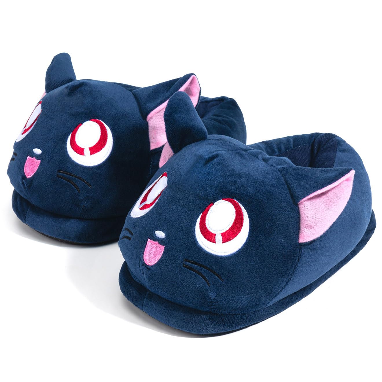Cat Slippers | Cute Anime Kawaii Blue Moon Ears Fuzzy Plush Slip-On House Shoes | One Size Adults Women Men