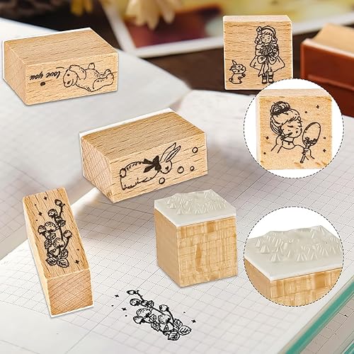 Miniatura 4 de Sello de goma con patrones de plantas de madera, juego de sellos de goma decorativos de madera para manualidades, tarjetas de manualidades, álbumes