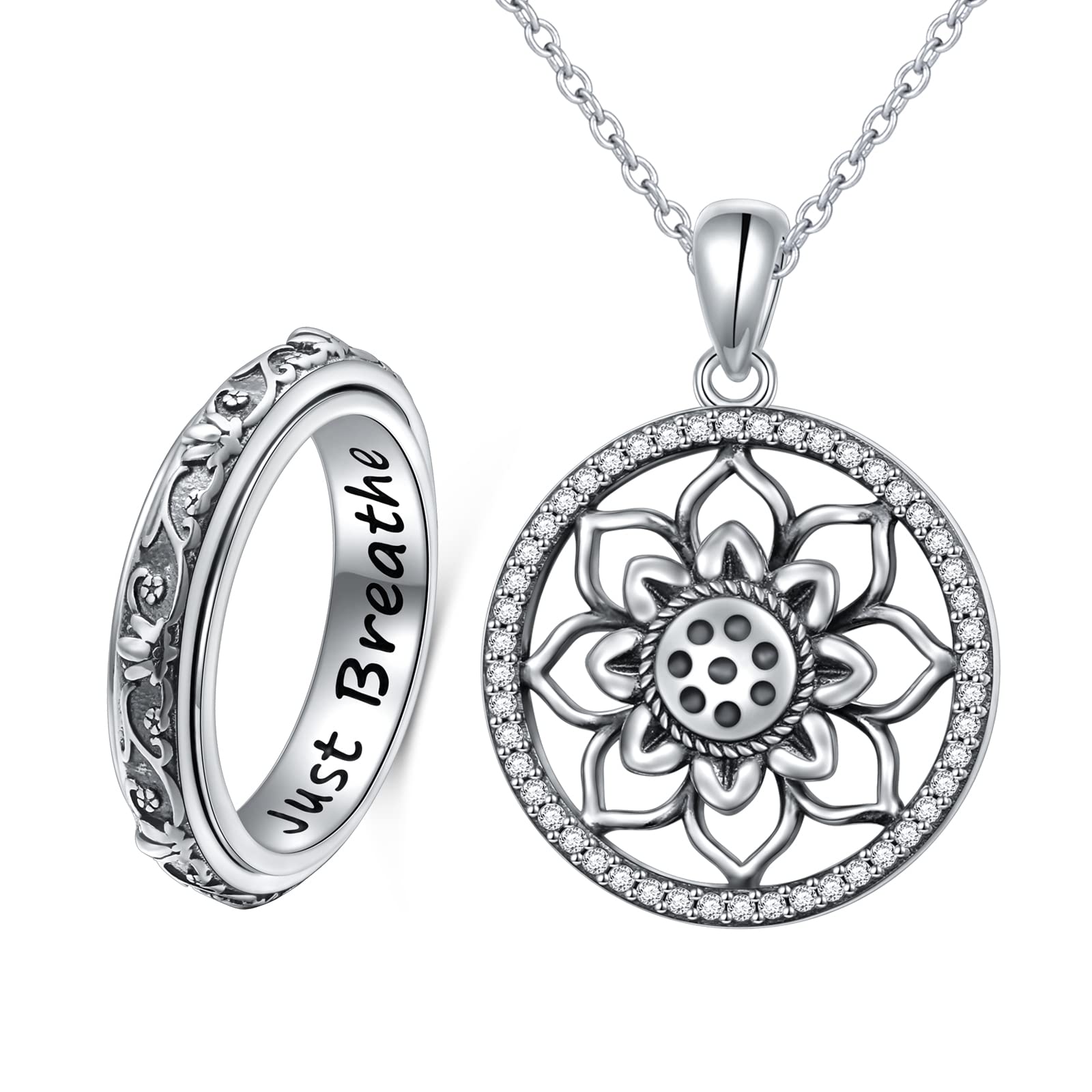 Ladytree Lotus Jewelry Sterling Silver Oxidized Yoga Lotus Flower Spinner Anxiety Worry Stress Relieving Boredom ADHD Autism Necklace Ring for Women