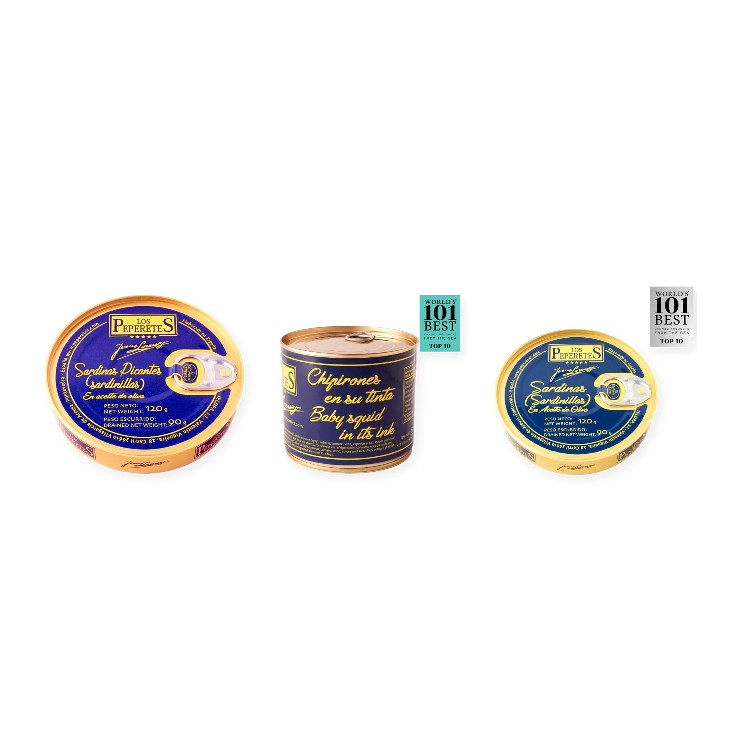 los peperetes conservas Sardinillas Picantes, Chipirones Tinta 460g y Sardinillas Aceite Oliva pack 3 latas