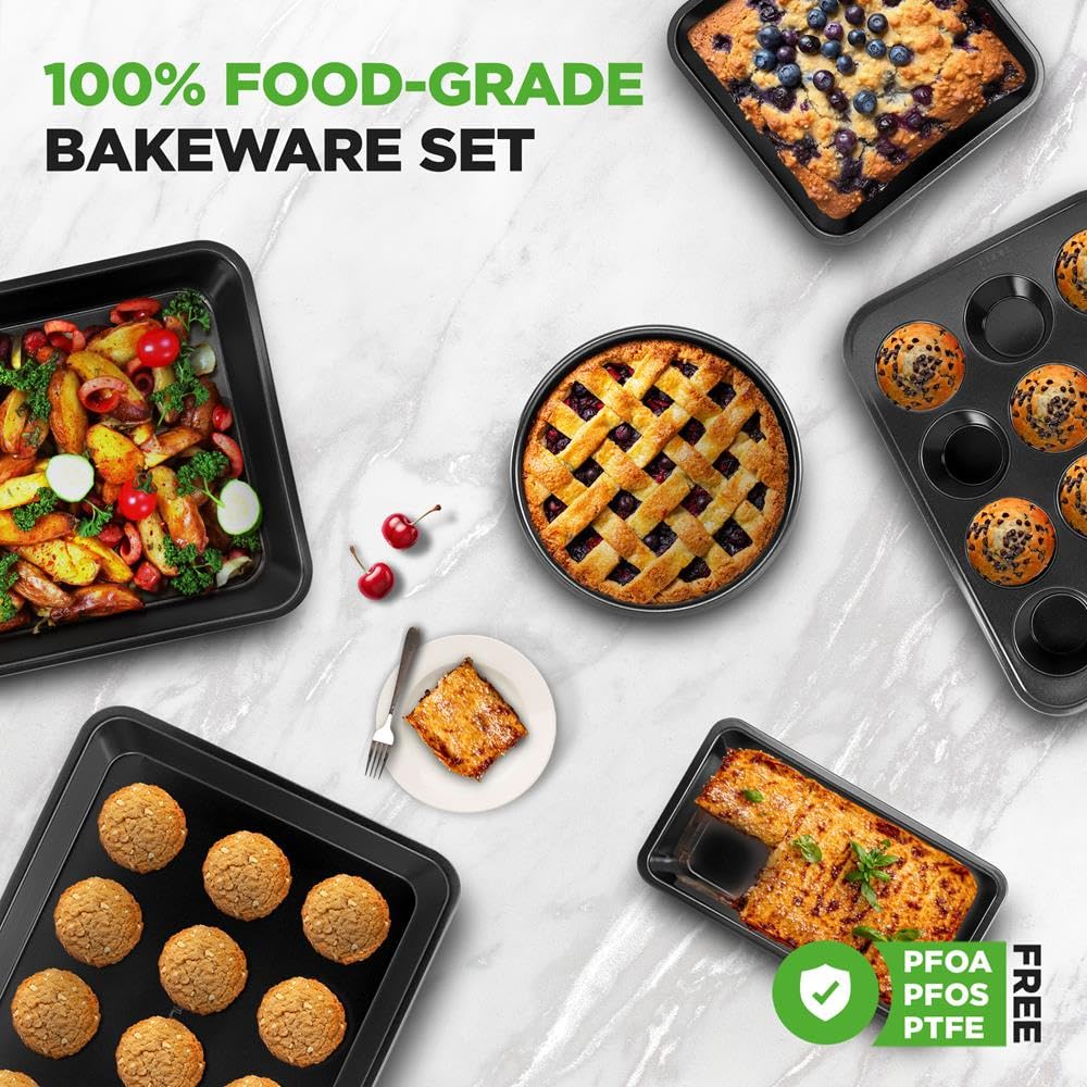 NutriChef Set di 6 Teglie da Forno Antiaderenti in Acciaio al Carbonio, Teglie Forno per Biscotti, Muffin, Torte e Pane, Resistenti ai Graffi, Lavabili in Lavastoviglie, Nero