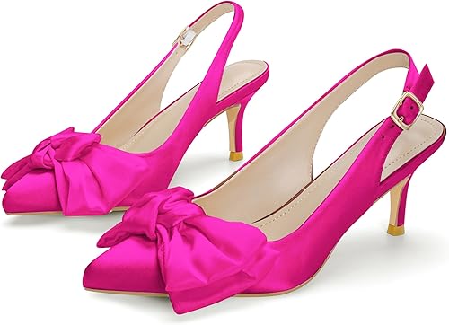 Women's Pumps Kitten Heels with Bow 2 Inch Closed Pointed Toe Slingback Satin Comfortable Low Heel Casual Party Wedding Dress Shoes