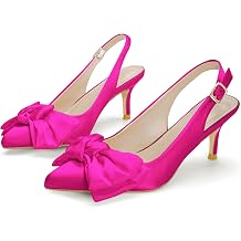 Women's Pumps Kitten Heels with Bow 2 Inch Closed Pointed Toe Slingback Satin Comfortable Low Heel Casual Party Wedding Dress Shoes