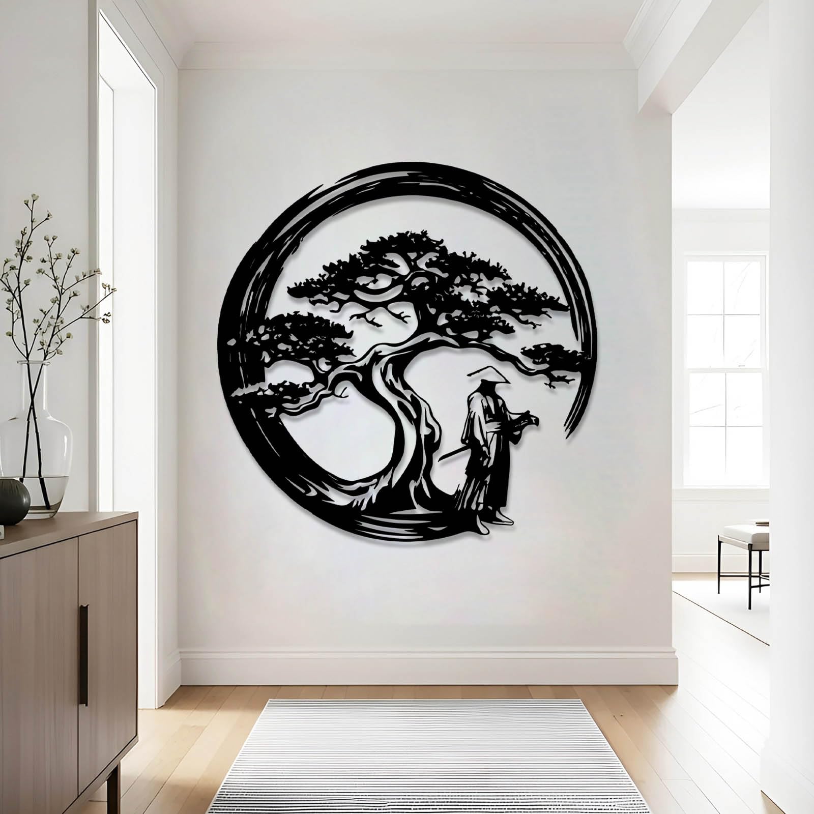 Décoration murale minimaliste bonsaï samouraï noir pour salon design