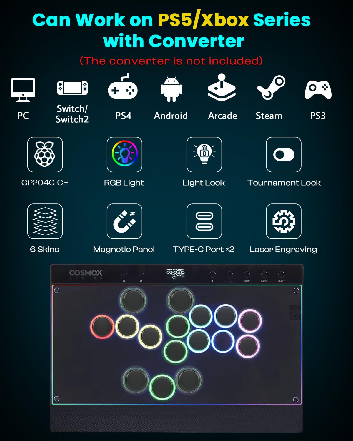 Haute42 C16 Leverless Arcade Controller - Magnetic Detachable Panel, RGB Button Rims, Tournament Lock Switch - Compatibile con Switch 2/Switch/PC/PS3/PS4/Steam