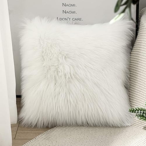 Miniatura 5 de OYIMUA Juego de 2 fundas de almohada decorativas esponjosas de color blanco de 16 x 16 pulgadas, fundas de almohada de pelo sintético de lujo para