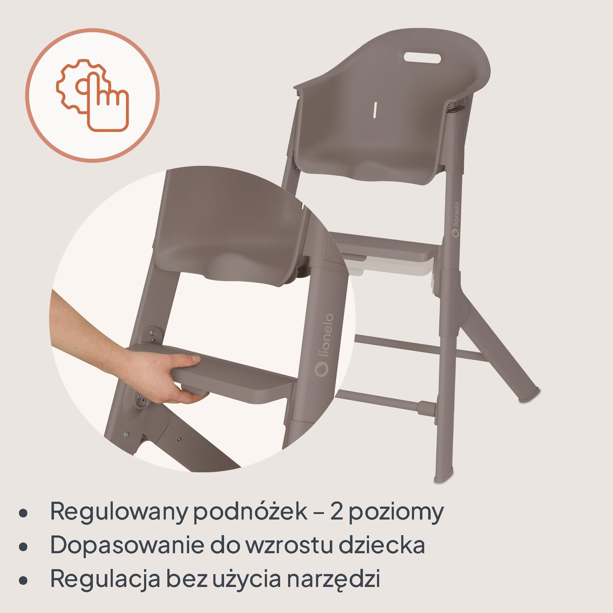 Lionelo BENY krzesełko dla dziecka 6 miesięcy - 3 lata przesuwna taca 2 pozycje, krzesełko ewolucyjne z podnóżkiem regulowanym jedną ręką, pasy 3-punktowe, łatwe do czyszczenia, zmywalna poduszka