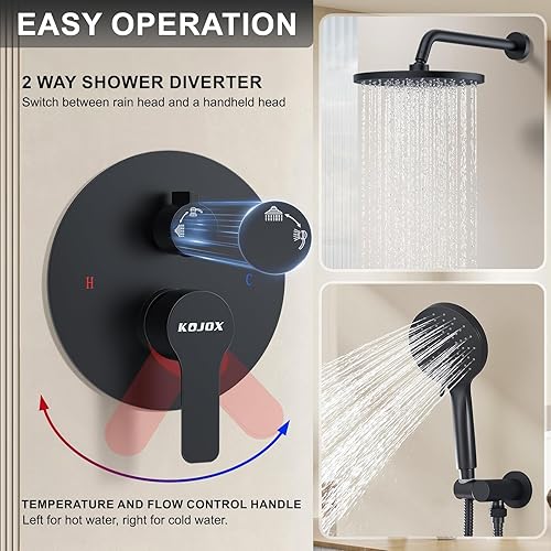 Miniatura 5 de KOJOX Grifo de ducha  Sistema de cabezal de ducha de alta presión  3 ajustes de cabezal de ducha  Válvula incluida (negro mate)
