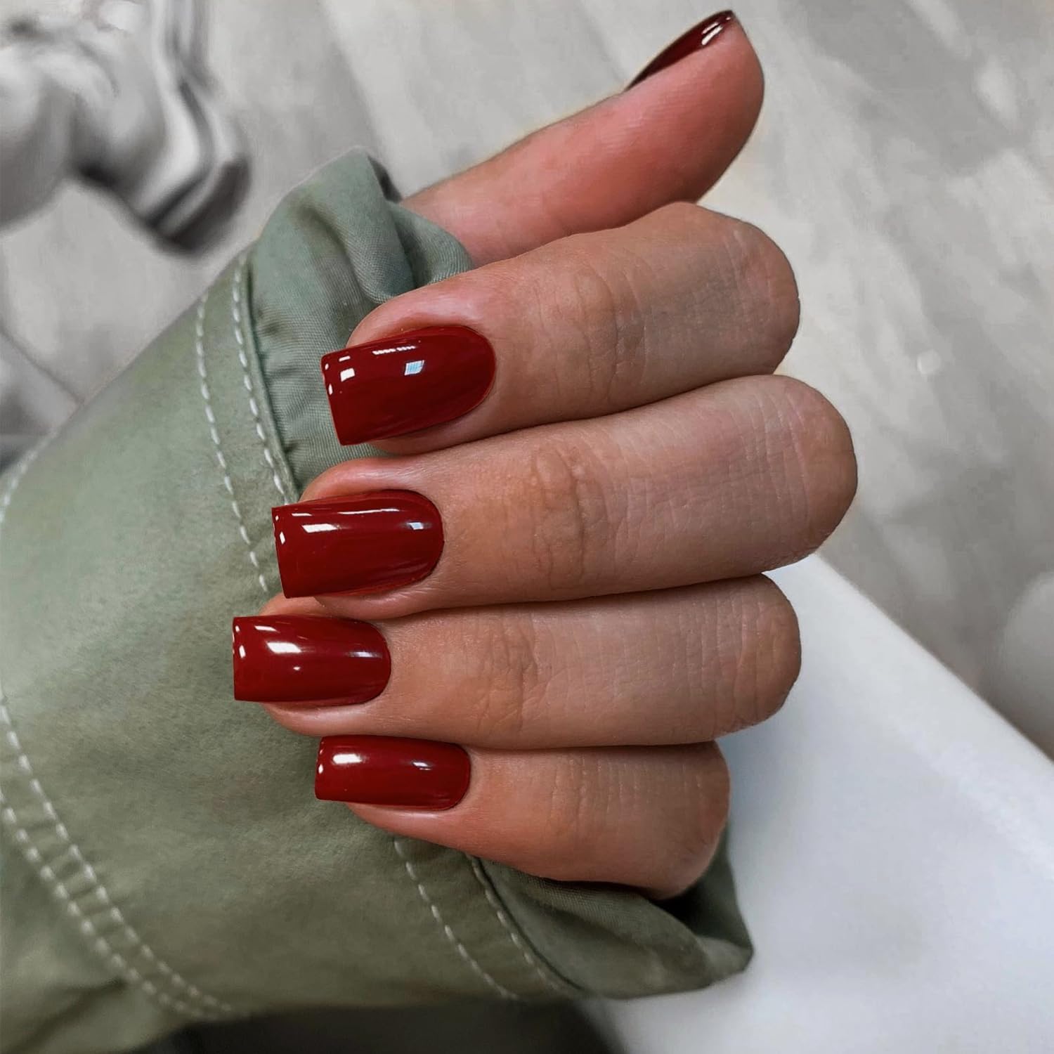 KQueenest Acrylic Press on Nails Short Medium Square, Red False Nails Short Coffin, Glossy Natural Solid Color Fake Nails Set - Image 3