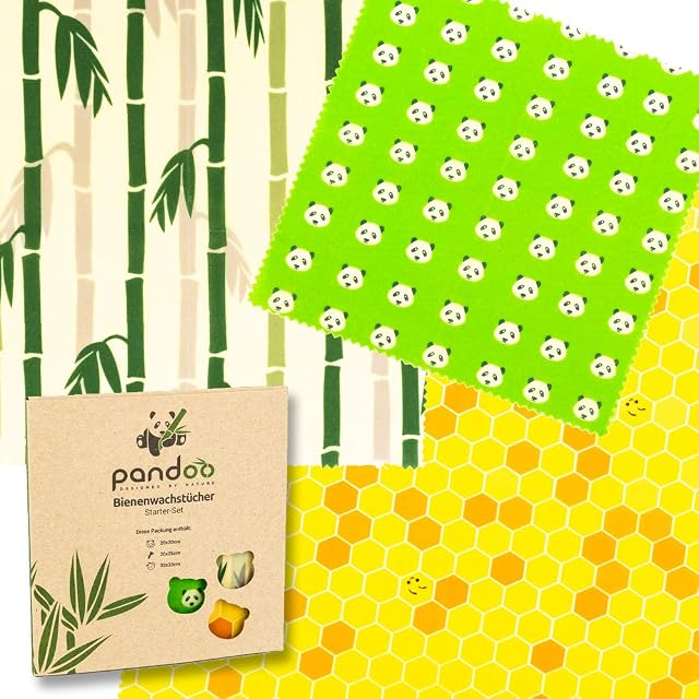 pandoo Beeswax Wrappers | Plastic-Free Film Wrap | Eco-Friendly & Reusable Food Wax Wraps | Natural Food Storage with Bee Wax | Zero-Waste Set 3 Colours, 3 Sizes
