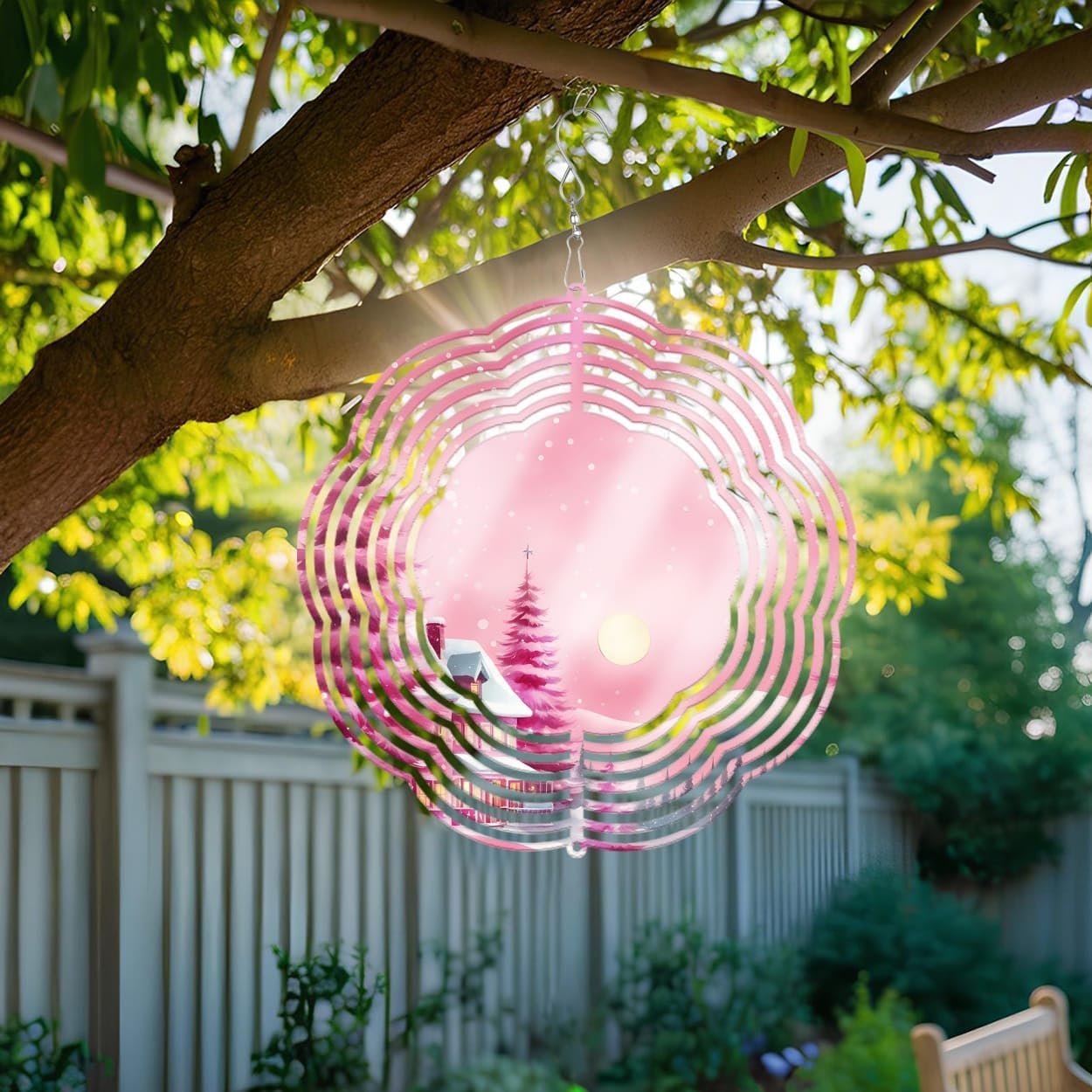 Pink Farmhouse with Moon Christmas Wind Spinners 3D Stainless Steel Laser Cut Metal Double Sided Printing-Hanging Indoor/Outdoor Decorations Yard Gardening Decor,Metal Kinetic Art 16x16 inches