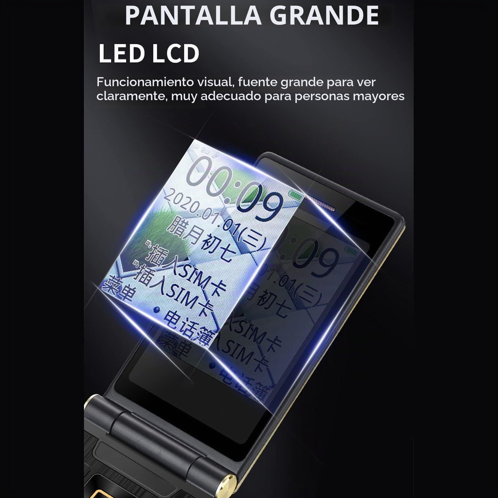 Teléfono Flip para Mayores con Botones Grandes, Móvil gsm para Mayores con Botón SOS, Linterna, Altavoz, Radio, Pantalla Dual, Cámara, 8 Números Familiares (Oro)