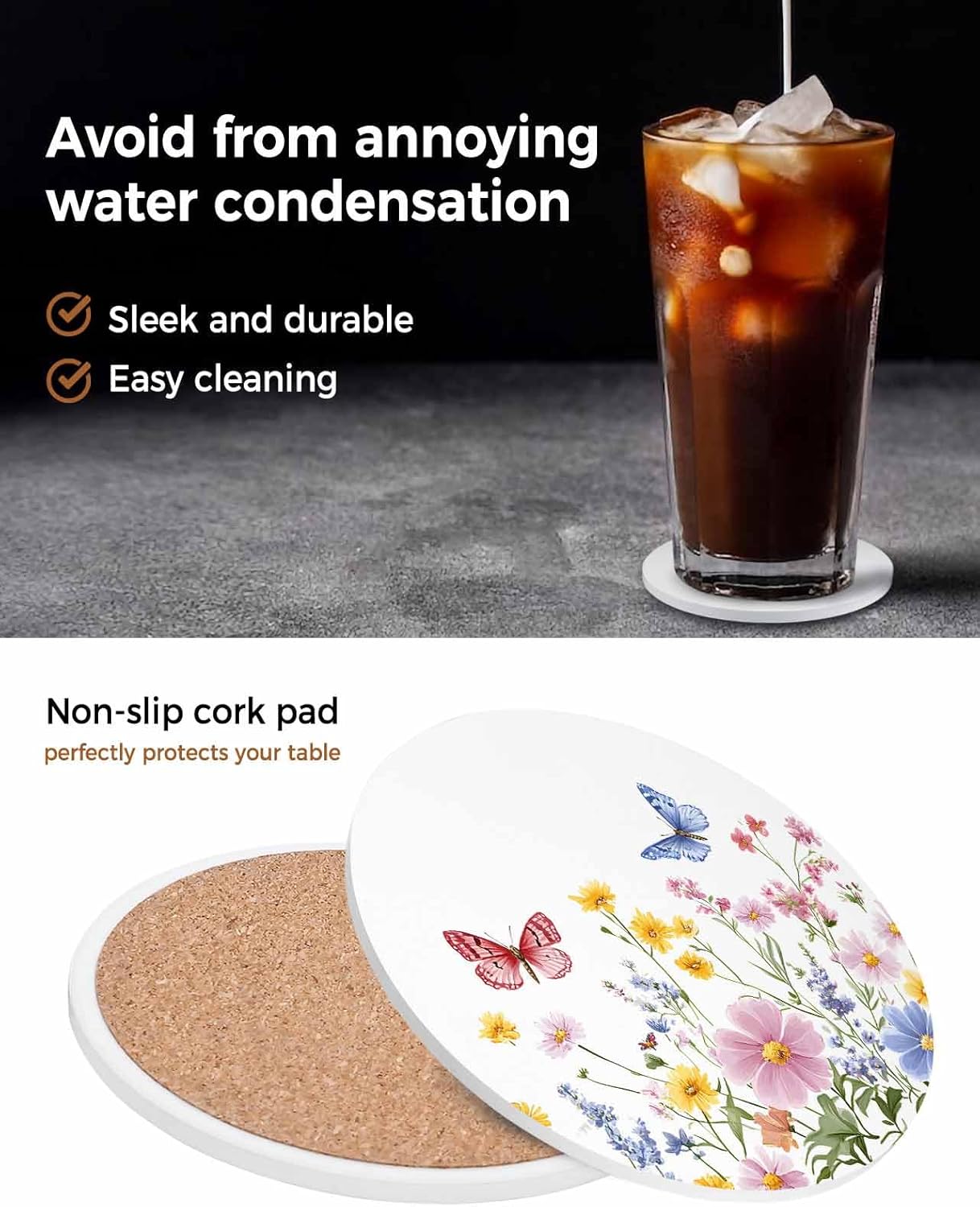 Coaster for Drinks 6 Pack,Spring Flower Leaf Butterfly Watercolor Absorbent Round Ceramic Stone with Cork Base and Metal Holder,Summer Farm Plant Cup Mats for Home Dining Coffee Tables