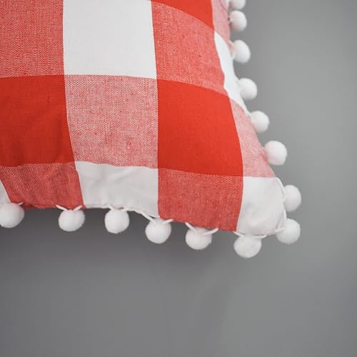 Miniatura 5 de NATUS WEAVER Funda de almohada de algodón con pompones, diseño a cuadros a cuadros, 2 piezas, funda de cojín retro de gran tamaño para sofá,