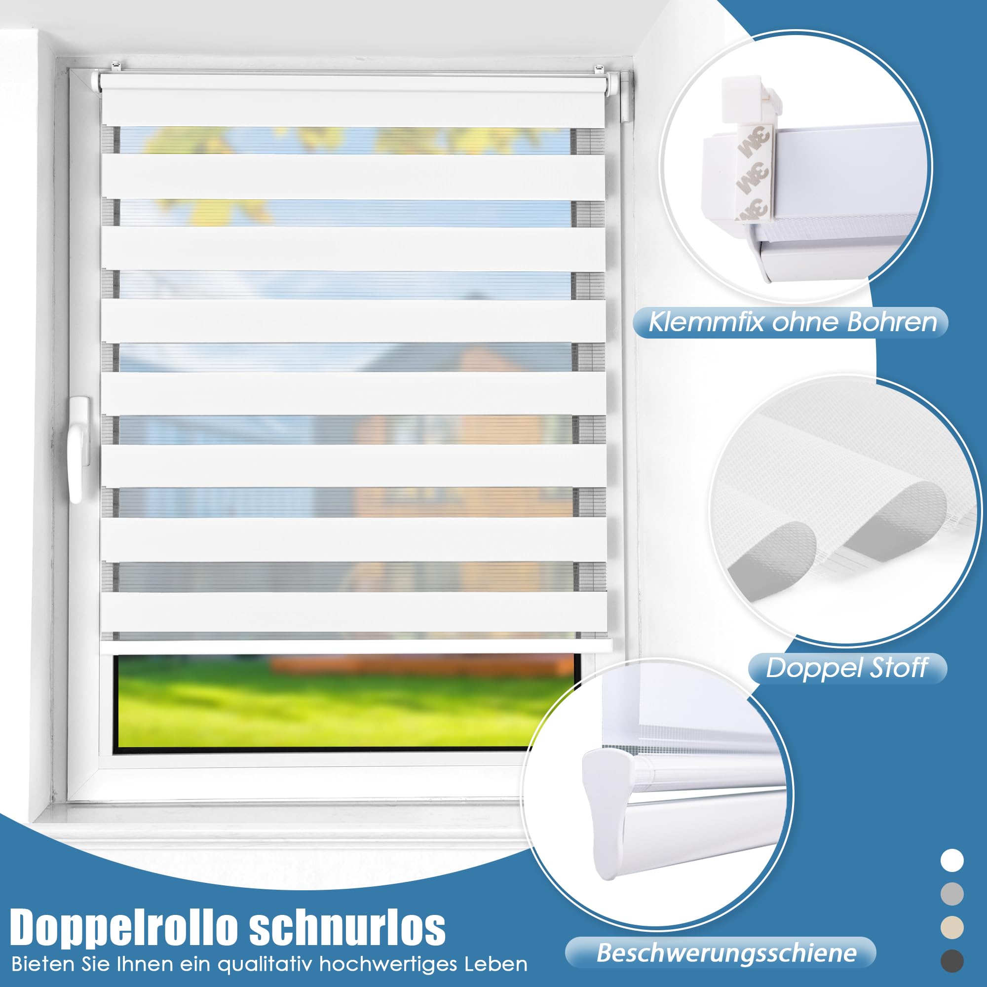 SBARTAR Doppelrollo schnurlos Klemmfix Rollos für Fenster ohne Bohren & zum Bohren, Weiß B105 x H120 cm (Stoffbreite 105 cm), Drücken Und Ziehen Springrollos, Lichtdurchlässig Aber Blickdicht | Klemmfix Rollos für Fenster ohne Bohren & zum Bohren Drücken