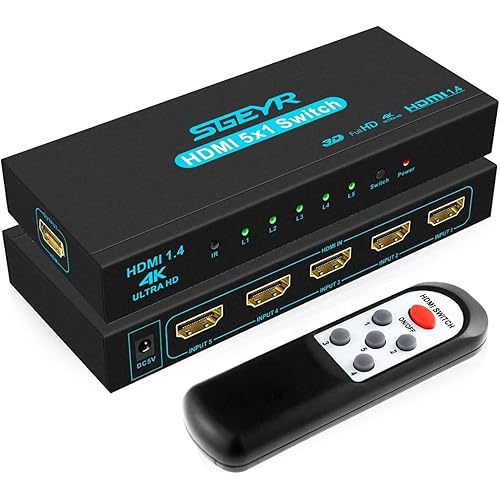 HDMI Switch SGEYR 5x1 HDMI Switcher 5 in 1 Out HDMI Switch Selector 5 Port Box with IR Remote Control HDMI 1.4 HDCP 1.4 Support 4K@30Hz Ultra HD 3D 2160P 1080P