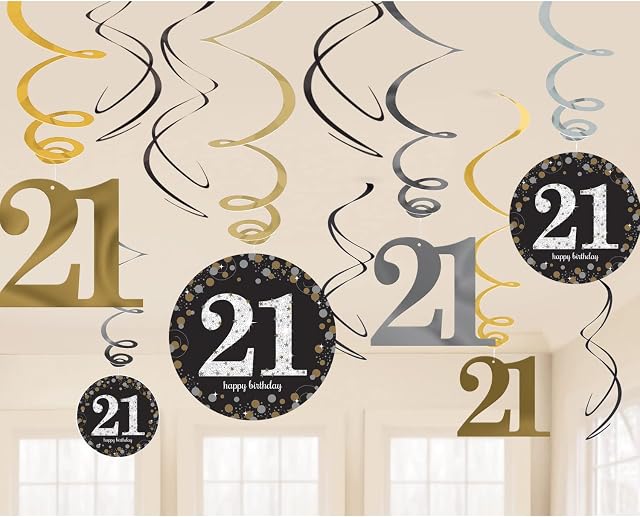 Amscan 9900566 - Gold Sparkling Celebration 21st Birthday Hanging Swirl Decorations - 12 Pack
