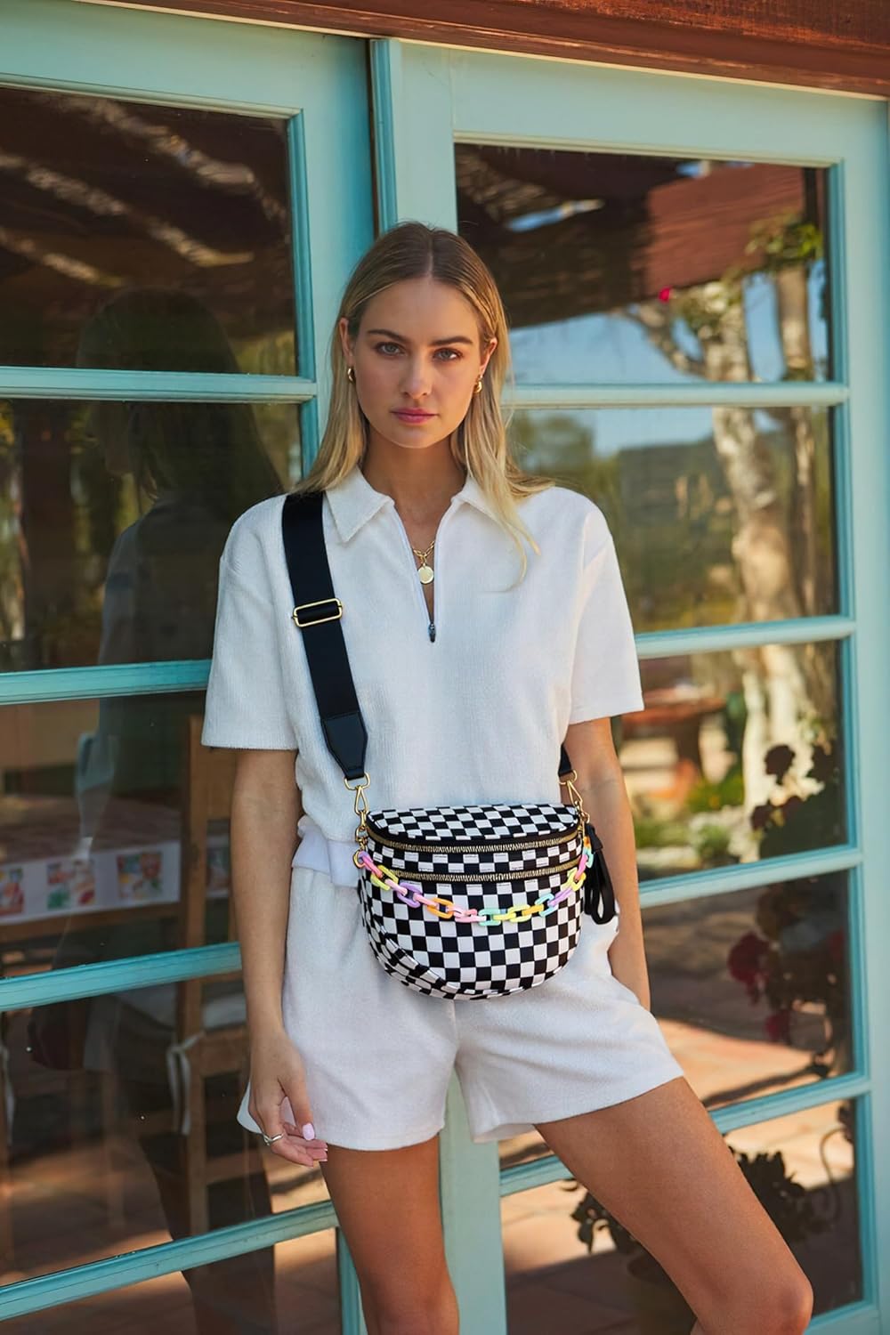 FEIBOON Spacious Checkered Nylon Crossbody Bag Bum Bag Checkered Handbags Wallets with Personalized Chain for Women