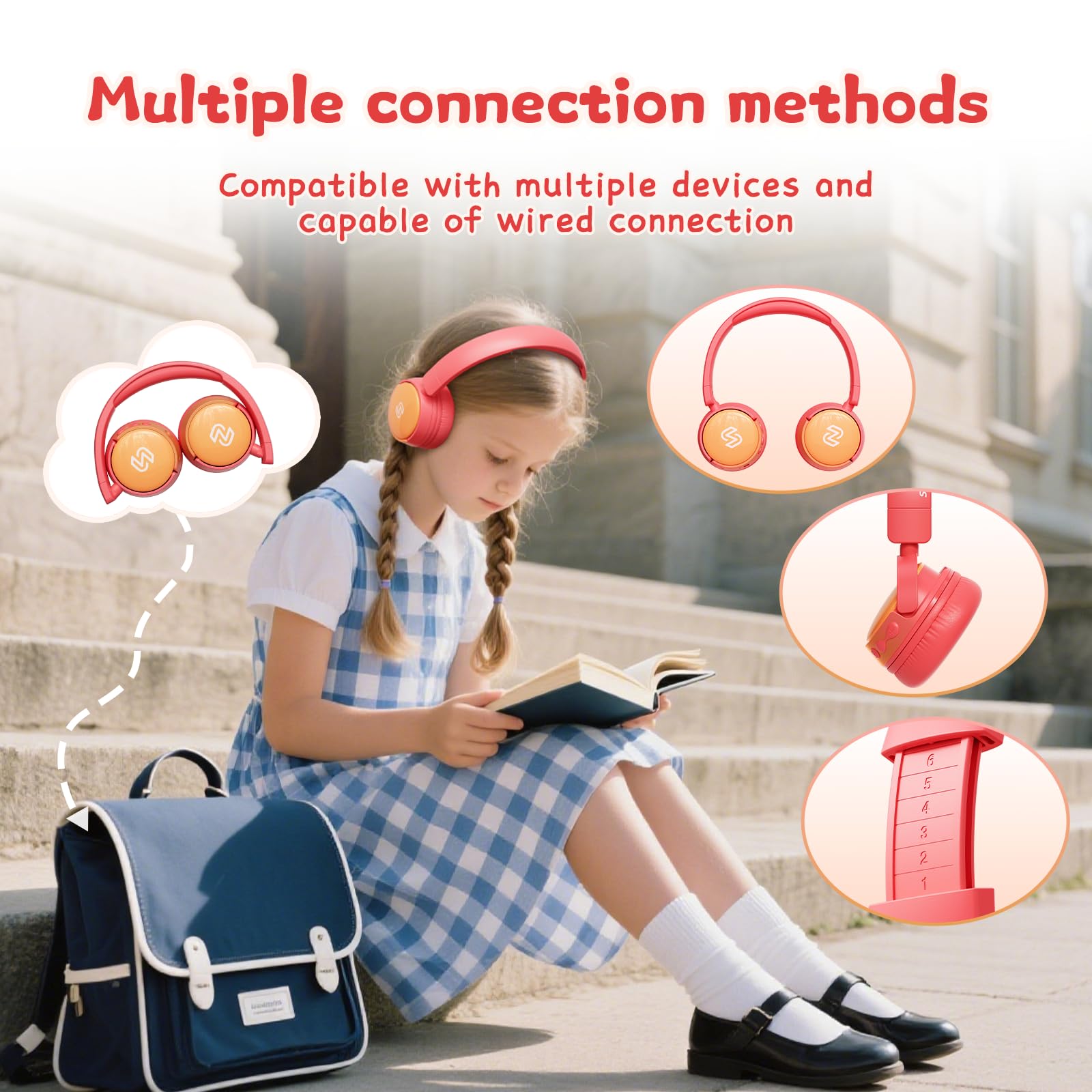 S62 Cuffie per bambini, cuffie cablate per bambini sopra l'orecchio con microfono, limitatore di volume 85/94 dB, cuffie per ragazze e ragazzi, cuffie pieghevoli per apprendimento e