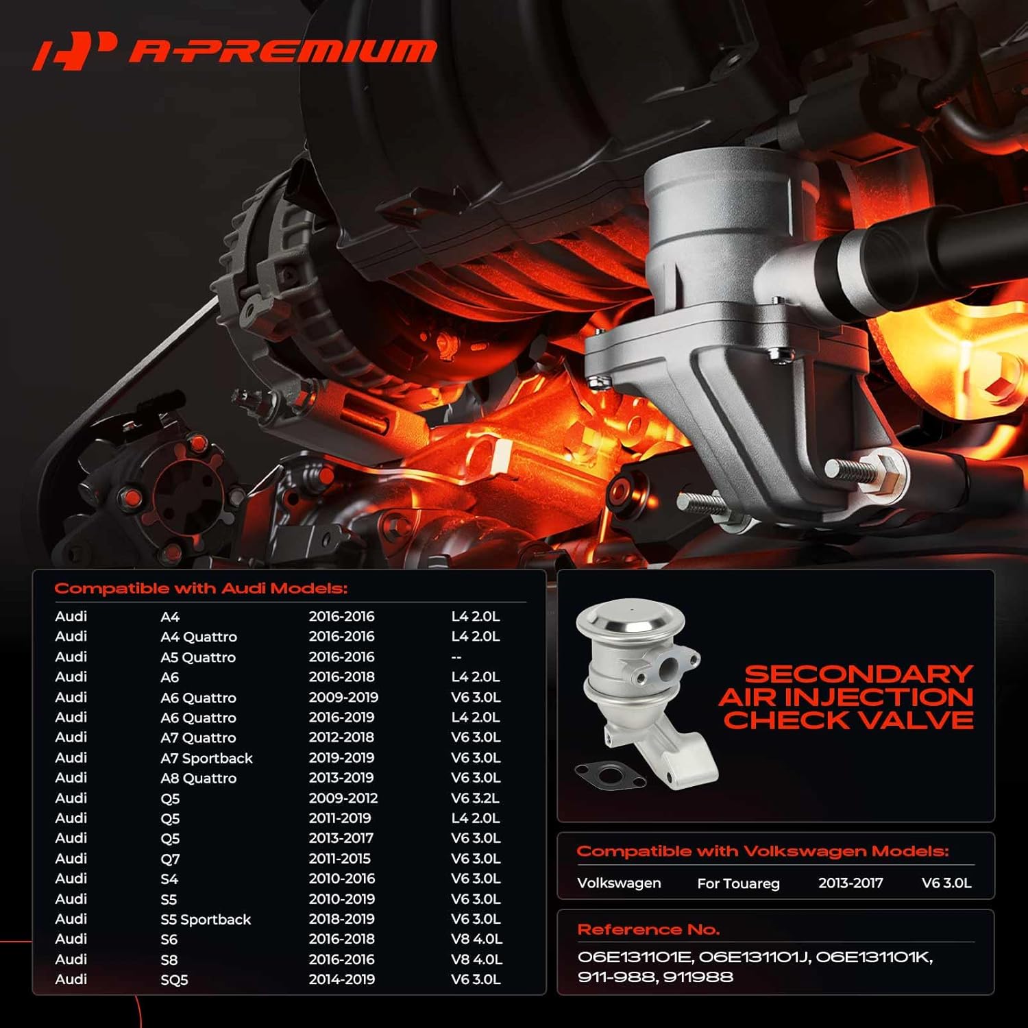 A-Premium Secondary Air Injection Check Valve Compatible with Audi Q5, Q7, A4 A5 A6 A7 A8 Quattro, A7 S5 Sportback, S4, S5, S6, S8, SQ5 & Volkswagen Touareg, Air Pump Check Control Valve with Gasket