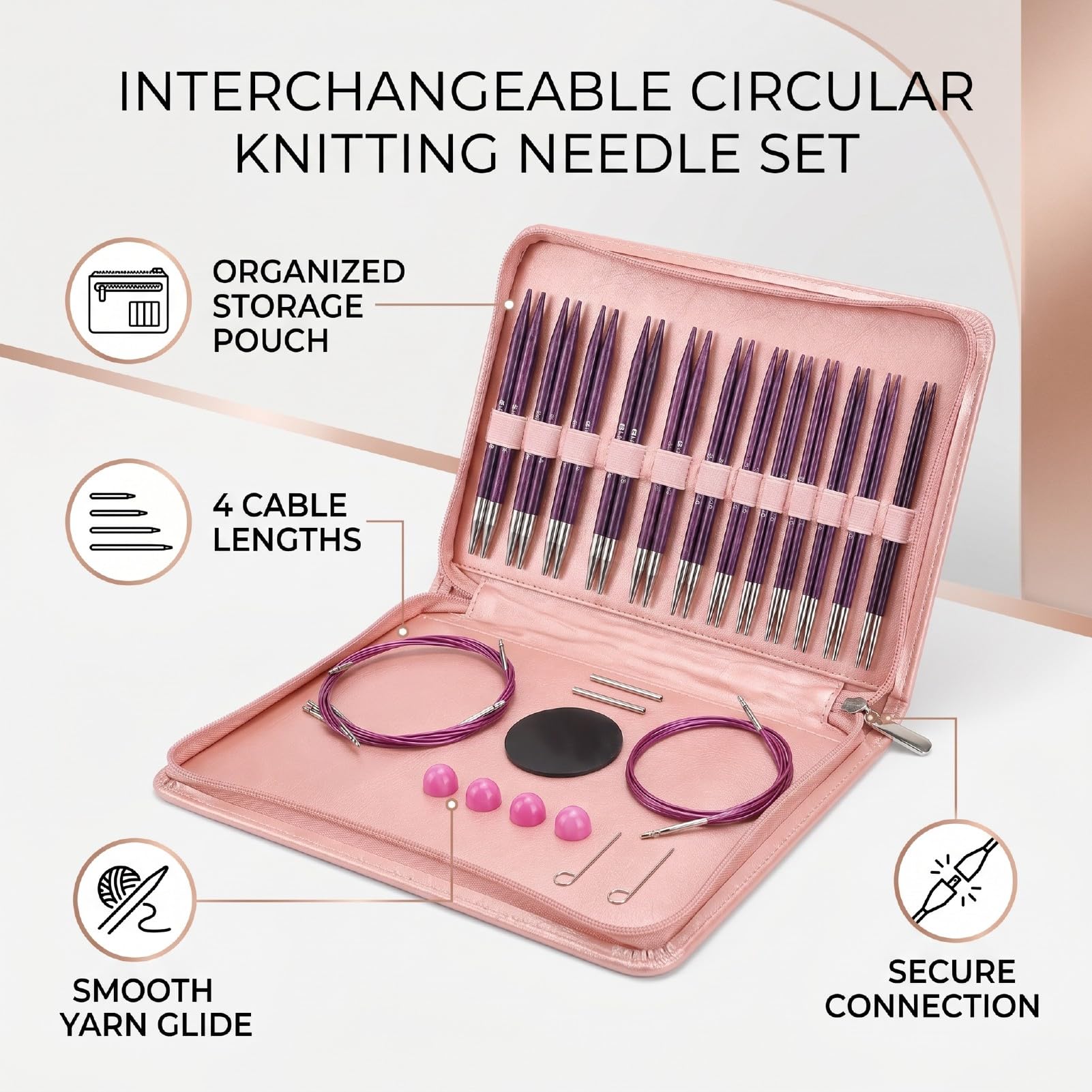 Luocute Juego de Agujas Circulares Intercambiables, 10 Pares de 3,0 a 6,5 | con 4 Cables, Puntas de Madera de Abedul y Aluminio, Deslizamiento Suave del Hilo, Kit de Tejido para Principiantes, Bolsa