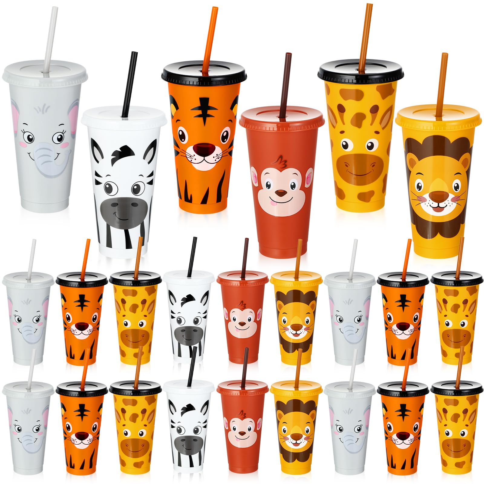 Domensi 24 Pcs Plastic Cups with Lid Straw 24 oz Reusable Tumbler Water Bottle Coffee Mug for Team Employee Students Birthday Party Favors Supplies(