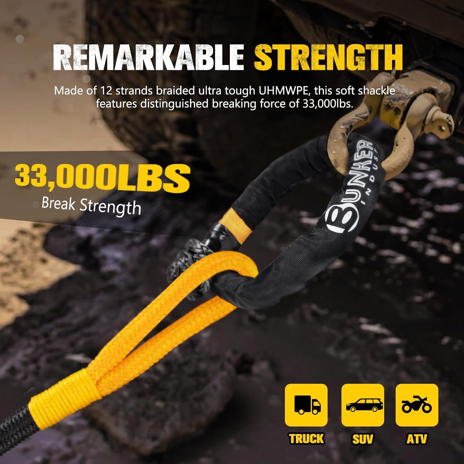 BUNKER INDUST Synthetic Soft Shackle with Winch Ring,Recovery Ring Snatch Rope Towing Straps Block Pulley Kit Winch Accessories for Off-Road ATV UTV Jeep Trailer Truck SUV 4x4