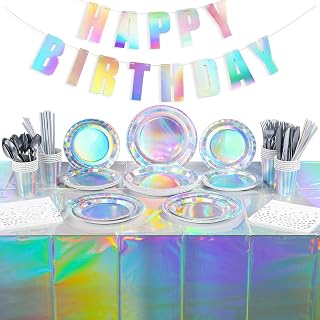 Iridescent Birthday Party Supplies Decorations, Holographic Paper Plates and Napkins Set, Disposable Iridescent Paper Plates Cups Banner Tablecloth for Unicorn Mermaid Birthday Theme Party, Serve 25