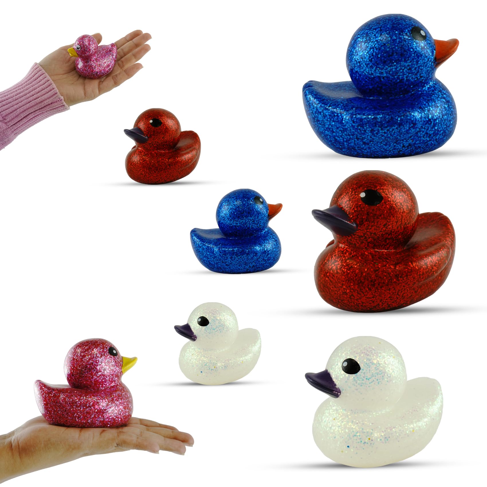 6Pcs Realistic Glitter Ducks | Small & Large Assorted Bath Toys, Floating Duckies for Pool Parties, Baby Gifts, Car Decoration, Birthday & Christmas Party Supplies | White, Blue, Red