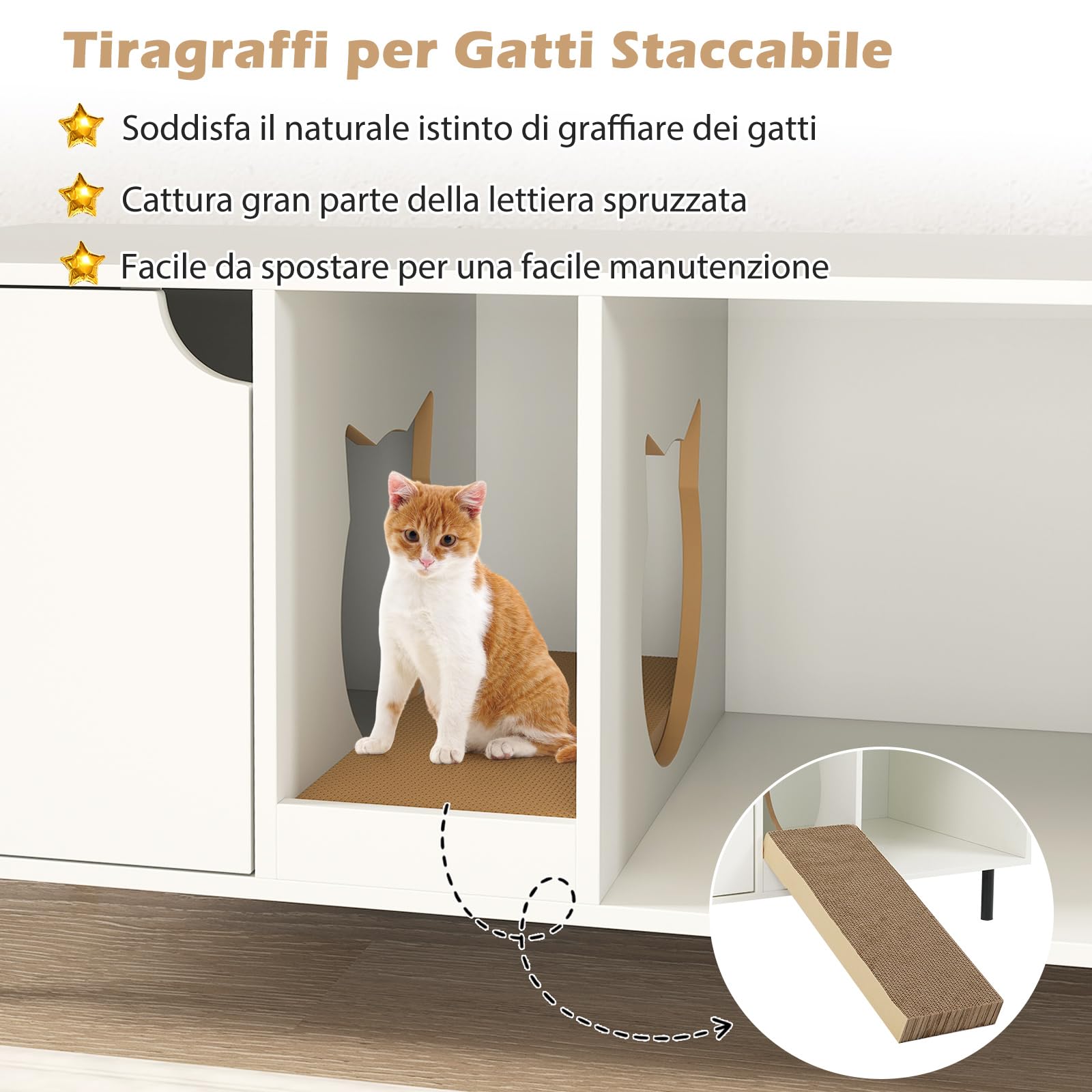 COSTWAY Lettiera Nascosto, Mobile Laterale in Legno con Ingresso a Forma di Testa di Gatto, Pannello Grattugia Rimovibile e Gambe in Metallo, Tavolino per Animali Domestici, Bianco, Portata di 120 kg