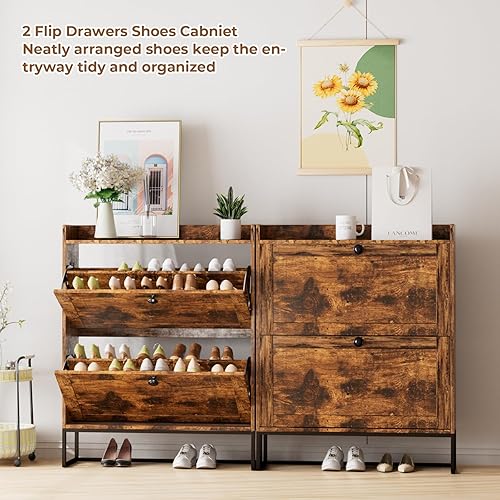 Miniatura 4 de Armario de zapatos, organizador de zapatos moderno con 2 cajones abatibles, zapatero de madera para entrada, armario de zapatos independiente para
