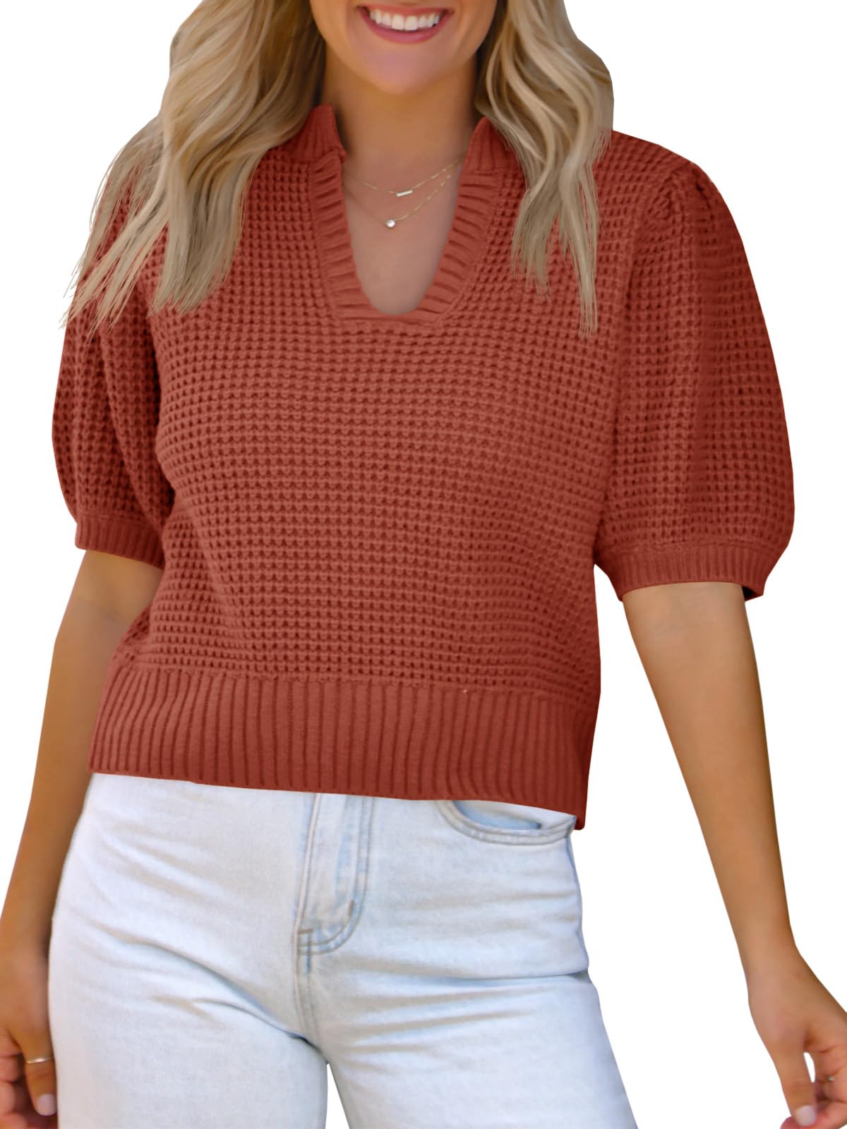 Saodimallsu Womens Puff Short Sleeve Sweater Top Waffle Knit V Neck Spring Summer Cropped Trendy Cute Shirts Blouses