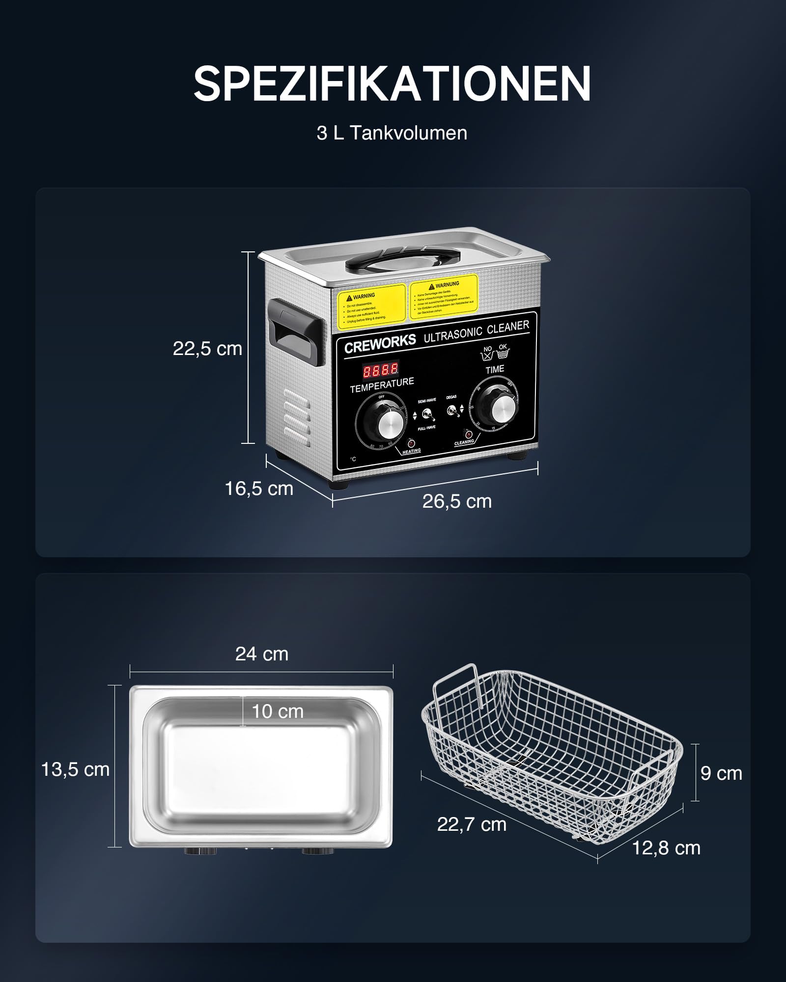 CREWORKS Ultraschallreinigungsgerät Edelstahl 3,2L Ultraschallreiniger 120W mit Heizung Timer Degas & Soft-Modus für Zahnprothesen Schmuck Brillen Uhren Gläser Ultraschall-Reinigungsgerät mit Knöpfen