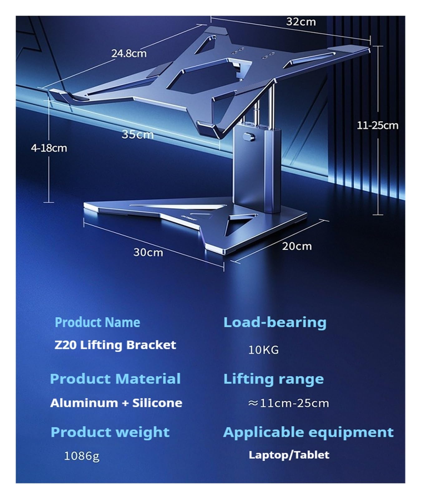 Supporto for laptop, rialzo regolabile in altezza for notebook da 12-18".