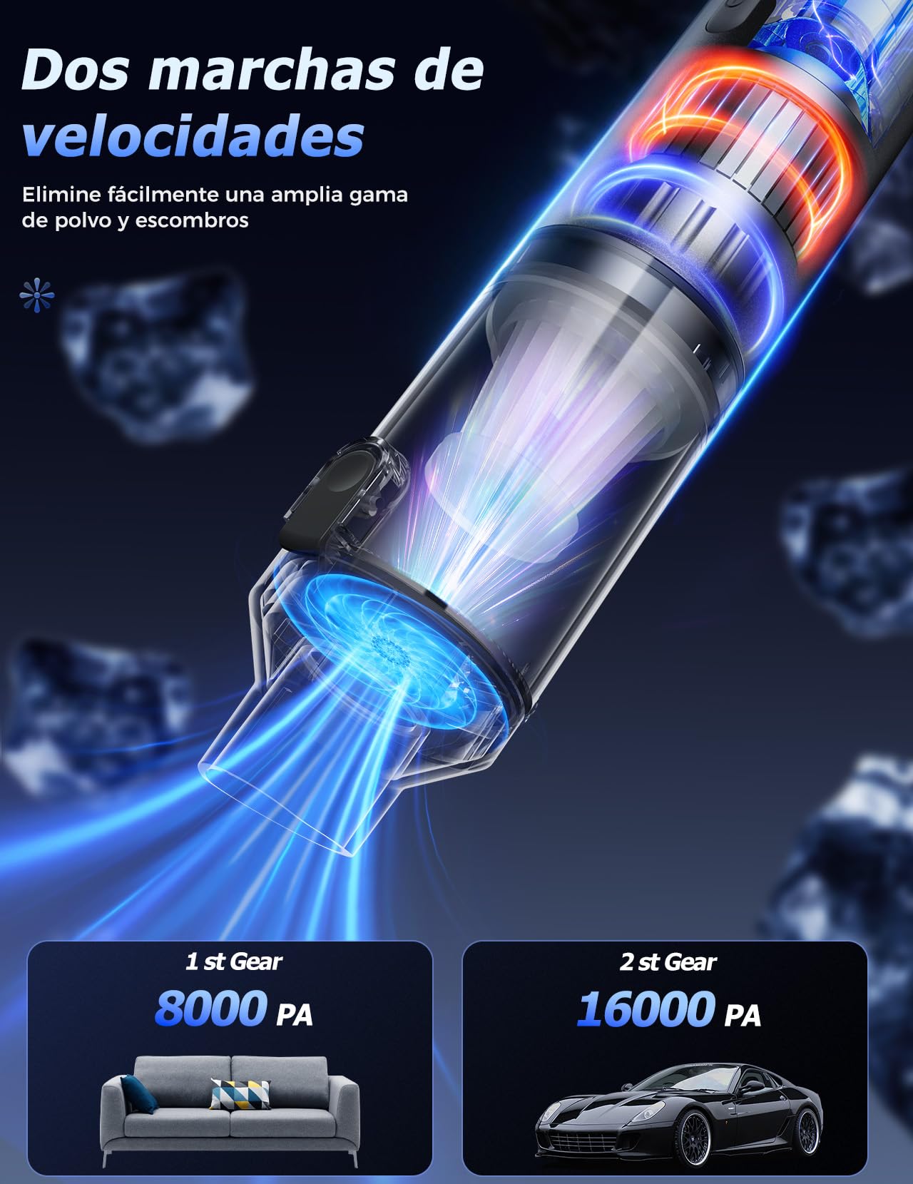 Aspirador de Mano, Aspiradora de Mano 16000PA con Motor sin Escobillas de Alto Rendimiento, Aspirador sin Cable con Accesorios, Aspirador de Mano Potente para Sofá en Casa, Coche, Mesa de Oficina