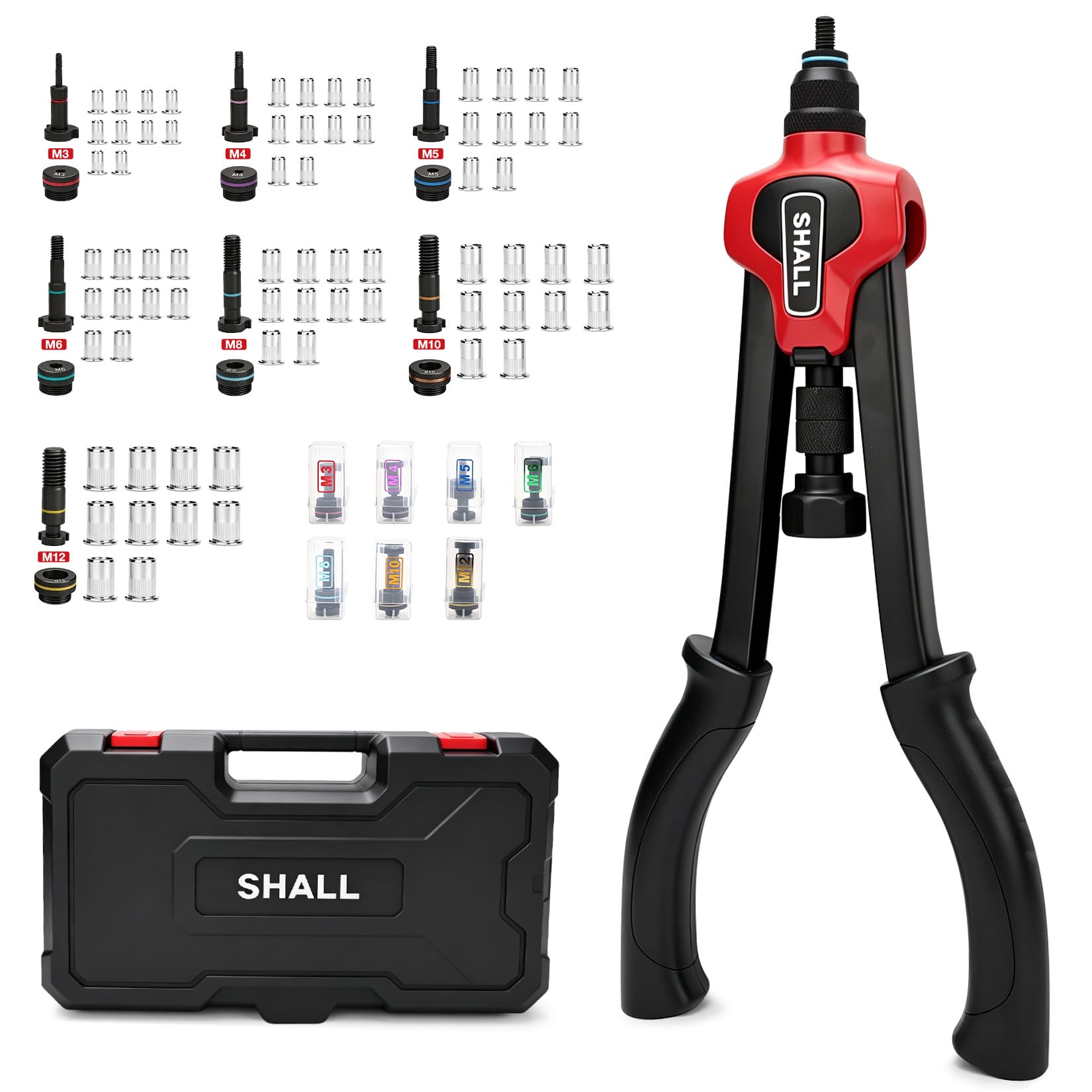 SHALL Kit de herramientas de tuerca de remache de 16 pulgadas(40.6CM),Remachadoras, con M3 M4 M5 M6 M8 M10 M12-7 mandriles métricos y 70 tuercas de remache, con caja de
