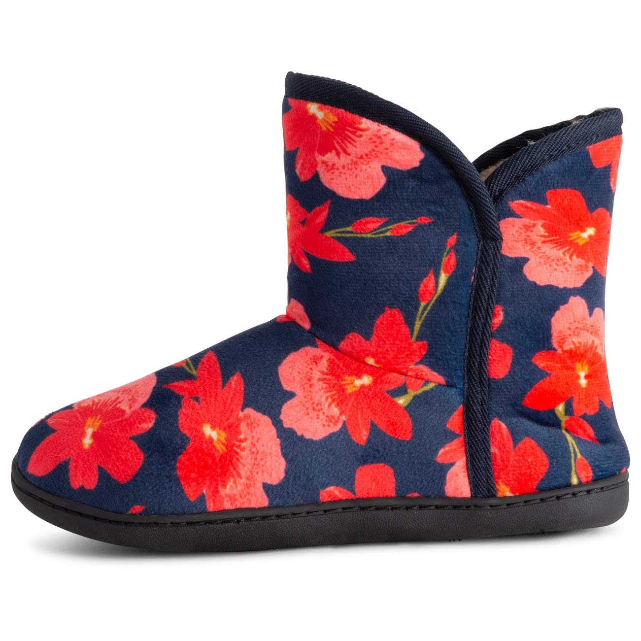 Polar Womens Memory Foam Indoor Faux Fur Fleece Bootie Rubber Sole Comfort Outdoor Anti Slip Durable Slippers - Blue Floral - UK6/EU39 - YC0753