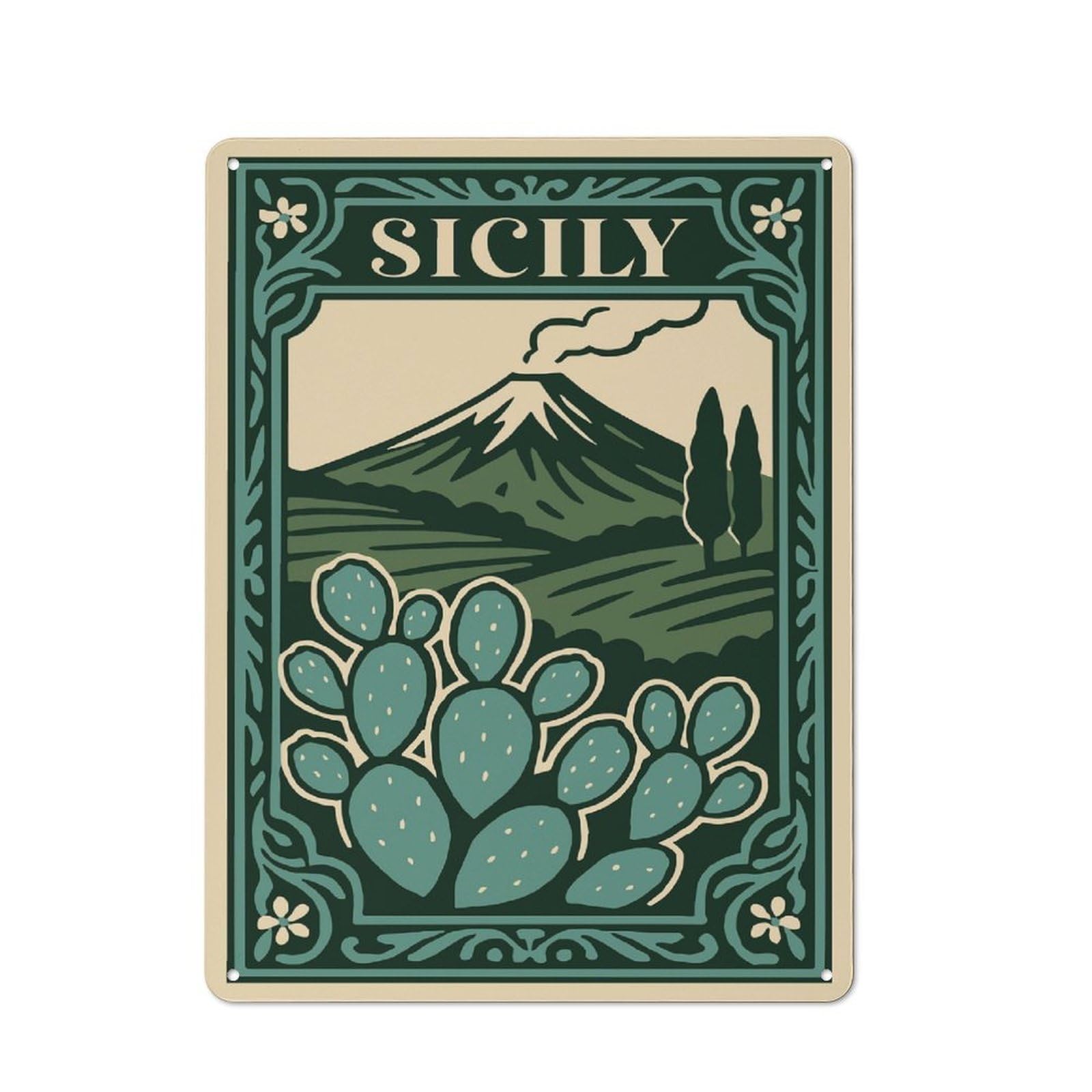 Junmoney Style-21 Vintage Tin Sign 40X30cm With Sicily Travel Poster With Mount Etna For Hobby Room Or Studio, For Metal Sign Collectors, For Garage And Workshop Walls