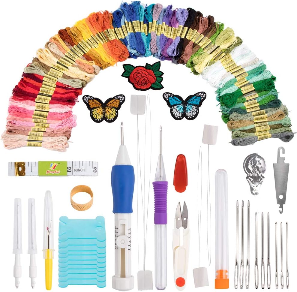 Embroidery Pen Punch Needle, Embroidery Patches/Patterns Floss And Scissors Gift Set, Embroidery Needles Starter Kit Craft Tools Including 100 Colors Skeins Embroidery Thread for Sewing Knitting DIY T
