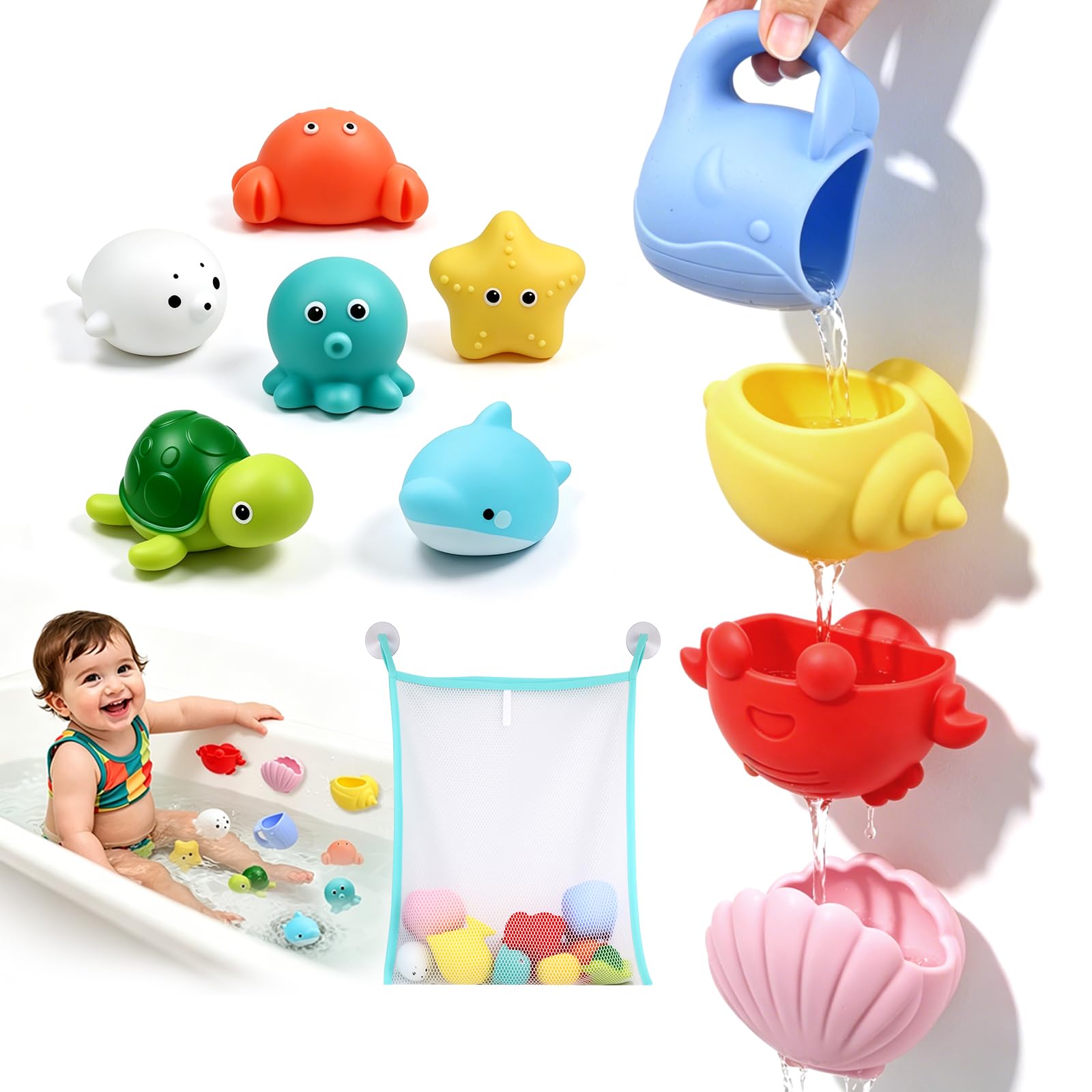 Juguetes Baño Bebe Silicona,11 Piezas Juguetes Piscina,Baño Animales Marinos, Sellados sin Agujeros y Libres de Moho, Juguetes Acuáticos Suaves para Niños Niñas 1 2 3 4 Año