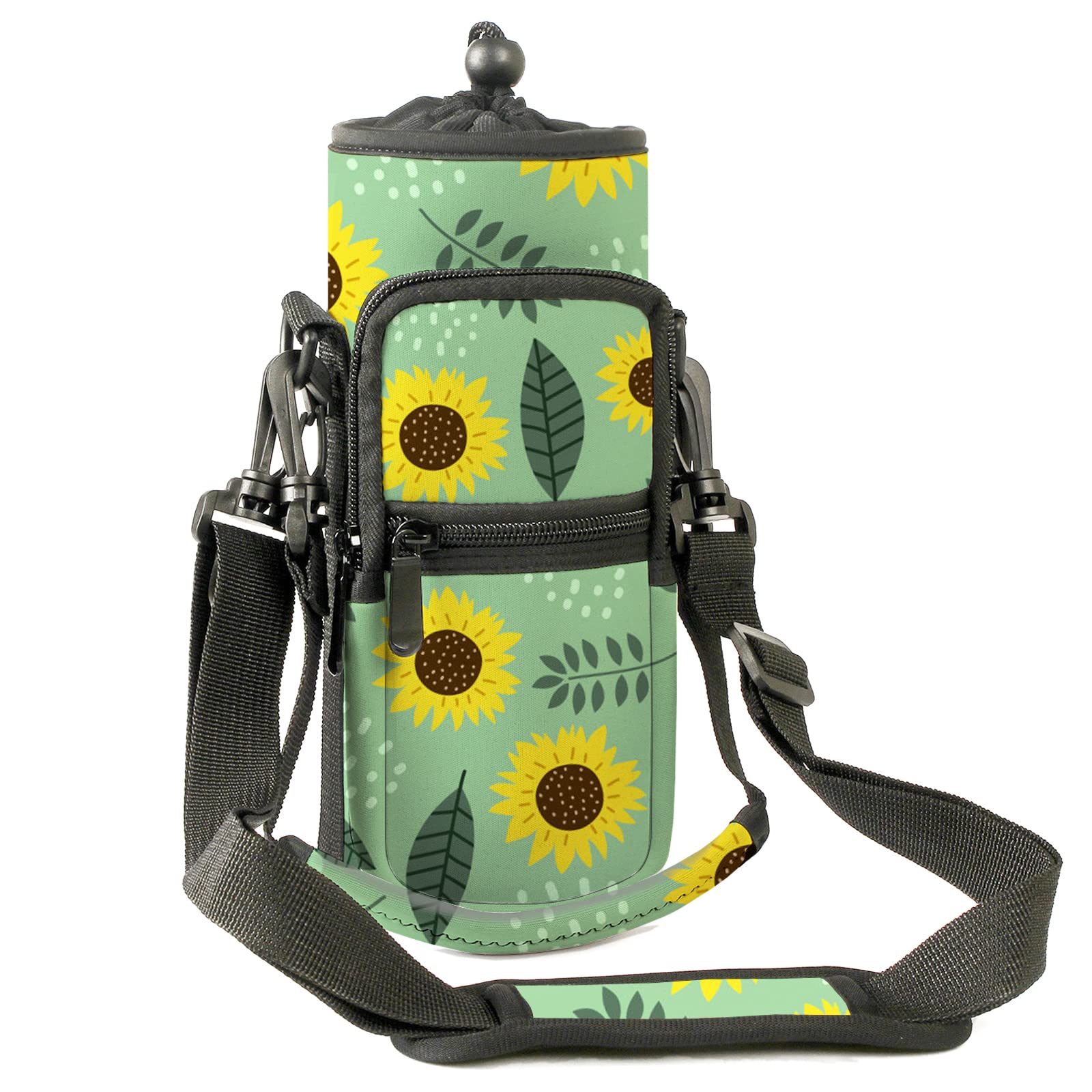 AMARY Water Bottle Carrier Holder Bag 25oz/40oz, Adjustable Shoulder & Hand Strap and Pocket,Sports Water Bottle Accessories for Walking Camping Travel work (Sun Flowers, 25 OZ)