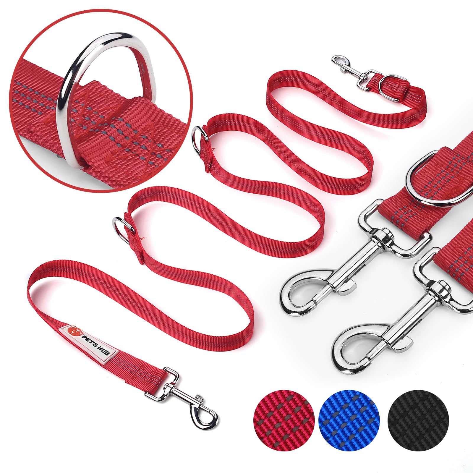PET'S HUB Double-Ended Dog Lead, Large Size, 2m, Reflective, Adjustable Lengths, Hands-Free Running/Training, Leads for Dogs. (Red)