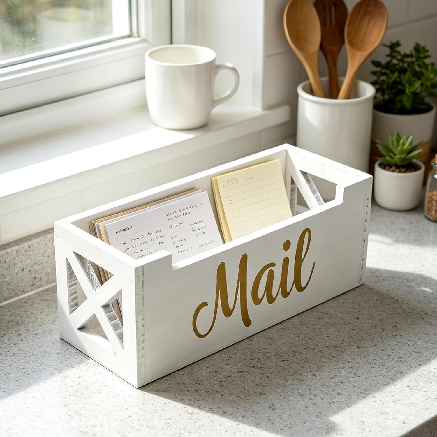 Home Office Mail Organizer, 11IN Wooden Desk Letter Holder with Reinforced Frame, File Rack for Bills Receipts, White image 5