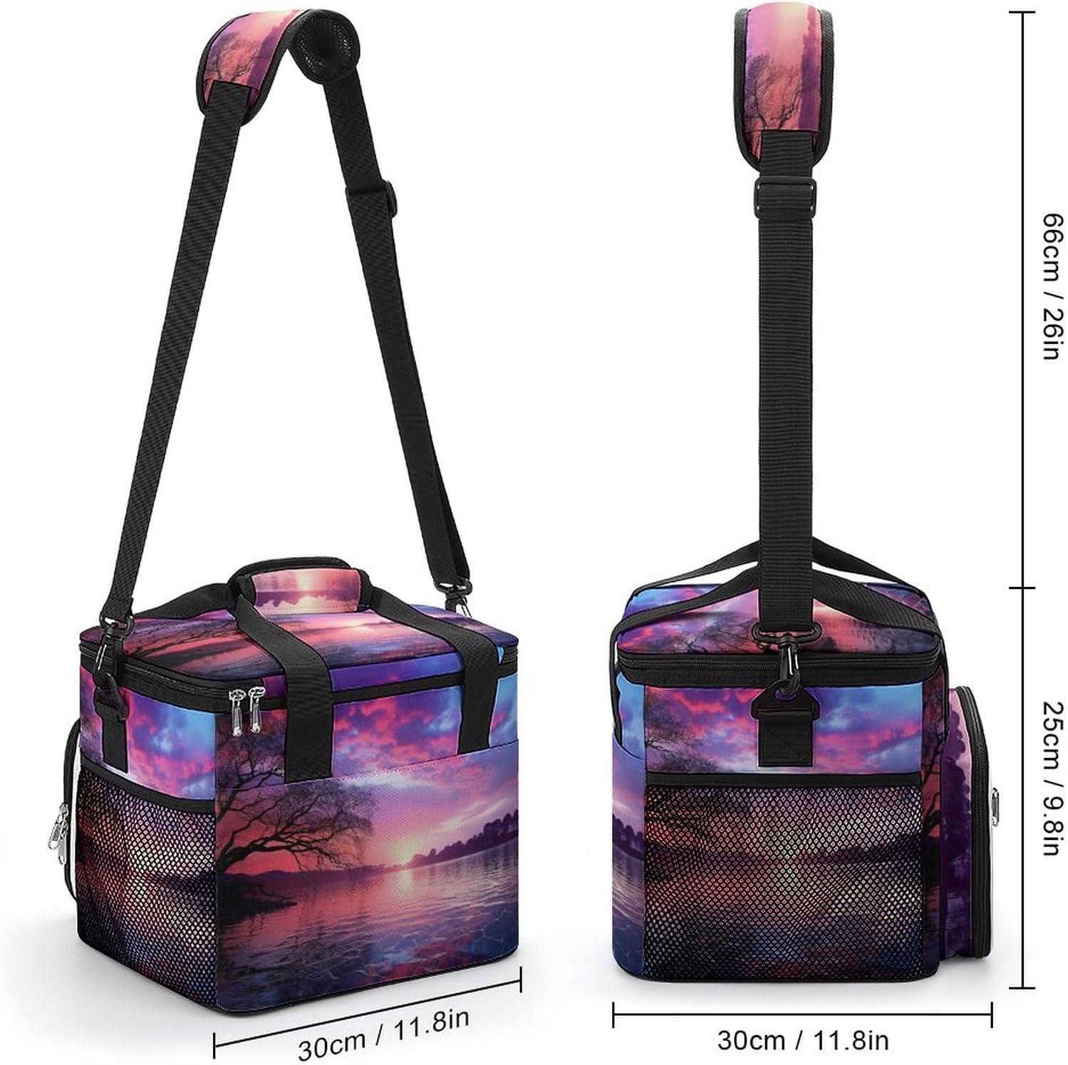 Large-Capacity Oxford Cloth Purple Sunset on Water Printed Camping Ice Bag, Outdoor Portable Insulation and Cold Storage Bag, Enjoy A Cool Camping Time